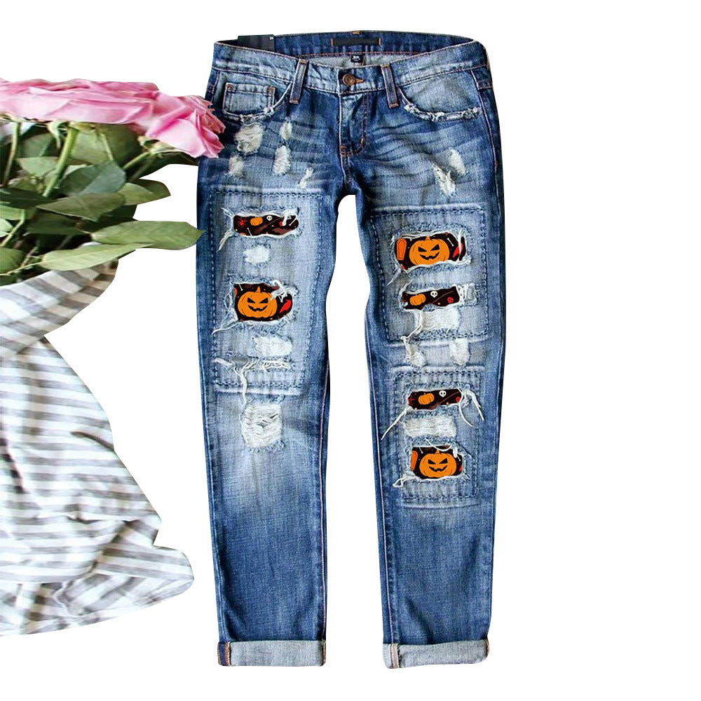 Damen Jeans im kreativen Design mit Spooky-Motiven und lässigem Fit Drune