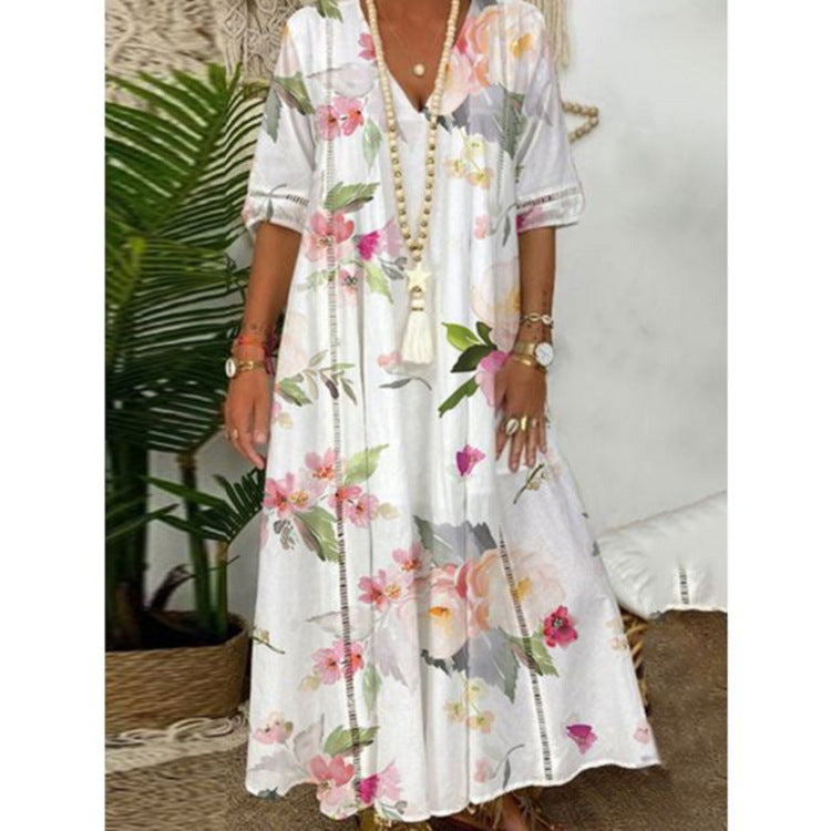 Damen nan locker fließendes Kaftan-Midimaxikleid mit V-Ausschnitt, ajourbesetzten Bahnen und leichter Leinenmisch-Qualität Drune