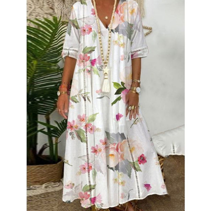 Damen nan locker fließendes Kaftan-Midimaxikleid mit V-Ausschnitt, ajourbesetzten Bahnen und leichter Leinenmisch-Qualität Drune