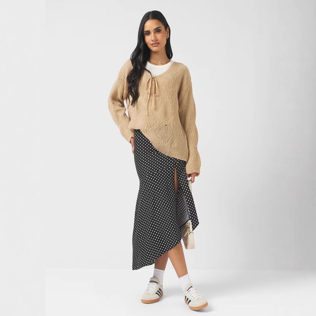 Damen Oversize Strickpullover mit V-Ausschnitt, Kordelzug und Rautenstruktur Drune