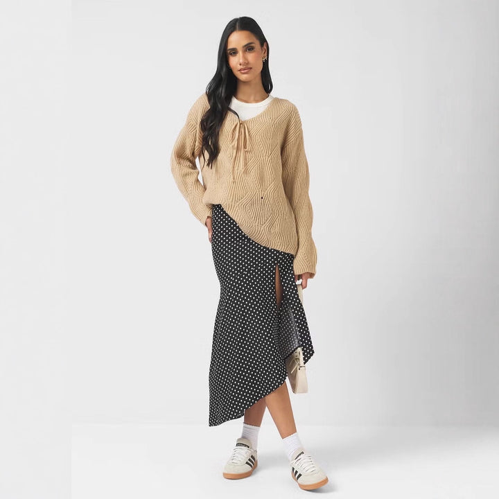 Damen Oversize Strickpullover mit V-Ausschnitt, Kordelzug und Rautenstruktur Drune