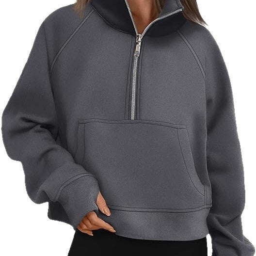 Damen nan verkürztes Oversize-Fleece-Sweat mit halbem Reißverschluss, Stehkragen, Kängurutasche und Daumenlochbündchen Drune