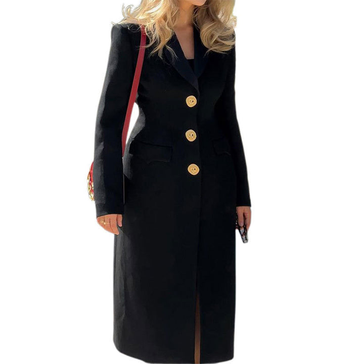 Damen Eleganter Maxicoat mit dekorativen Knöpfen und praktischen Taschen Drune