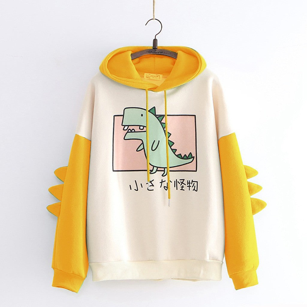 Damen nan weiter Kapuzenpullover mit dreidimensionalen Rückenstacheln und niedlichem Dino-Print Drune