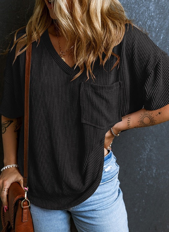 Damen lässiges Kurzarmshirt mit V-Ausschnitt und Brusttasche Drune
