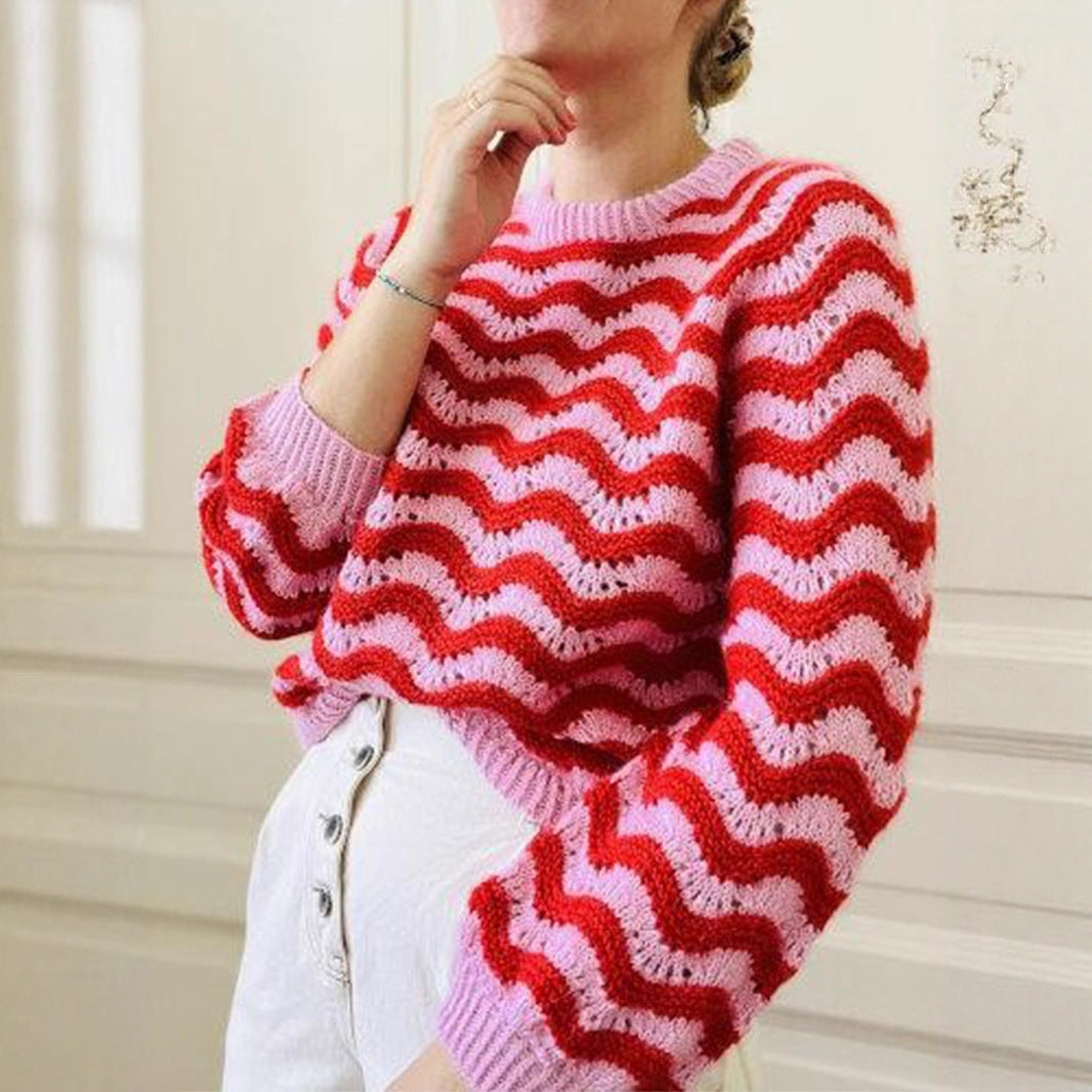 Damen Strickpullover mit wellenförmigem Muster und großzügigem Schnitt Drune
