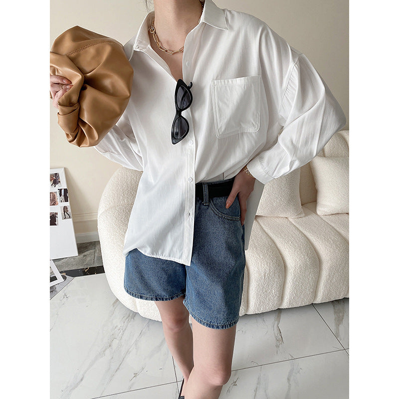 Damen lässige oversized Hemdbluse aus atmungsaktivem Baumwollmix mit Brusttasche Drune