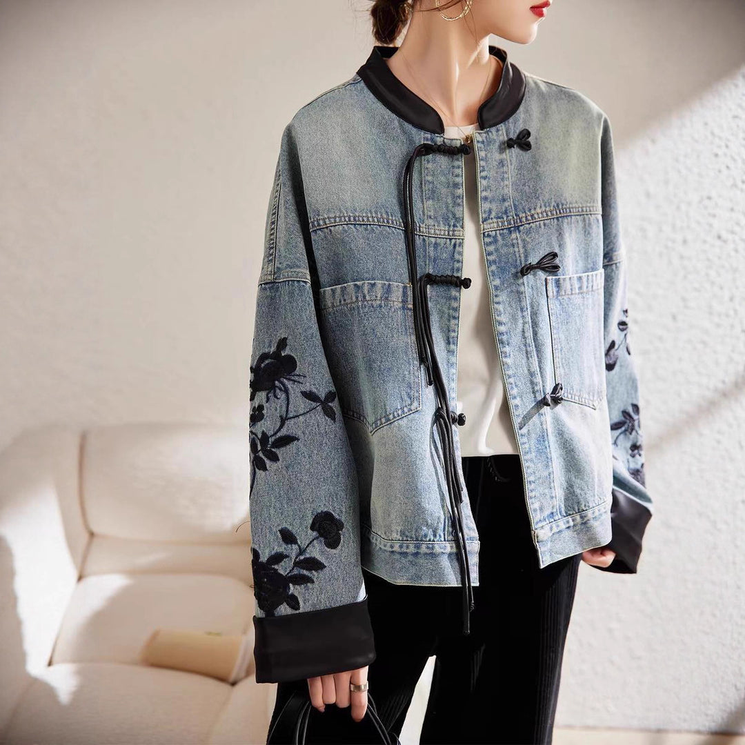 Damen modische Denimjacke mit floralen Stickereien und eleganten bündchen Drune