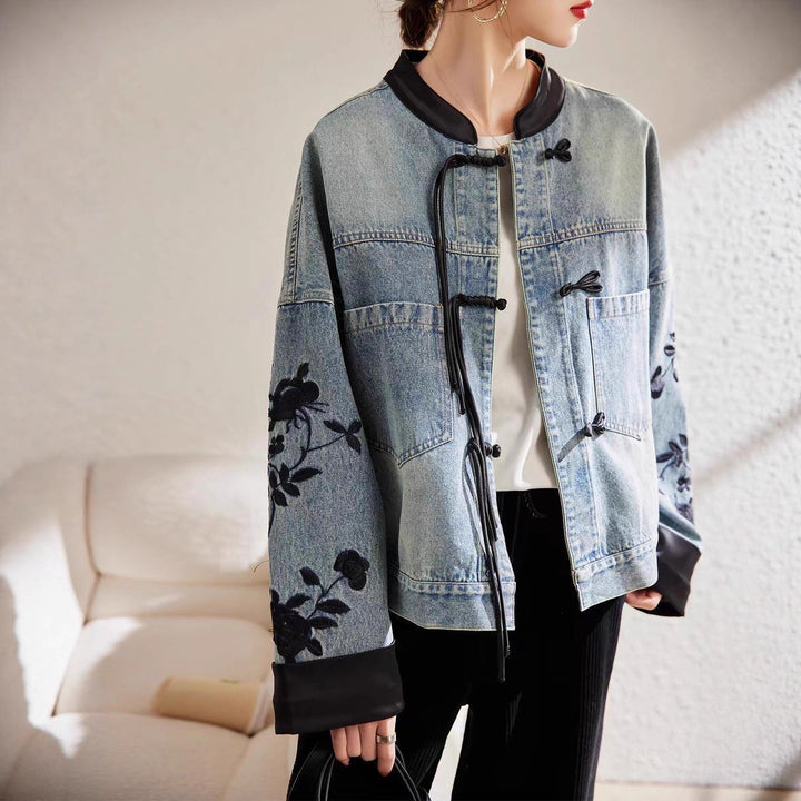 Damen modische Denimjacke mit floralen Stickereien und eleganten bündchen Drune