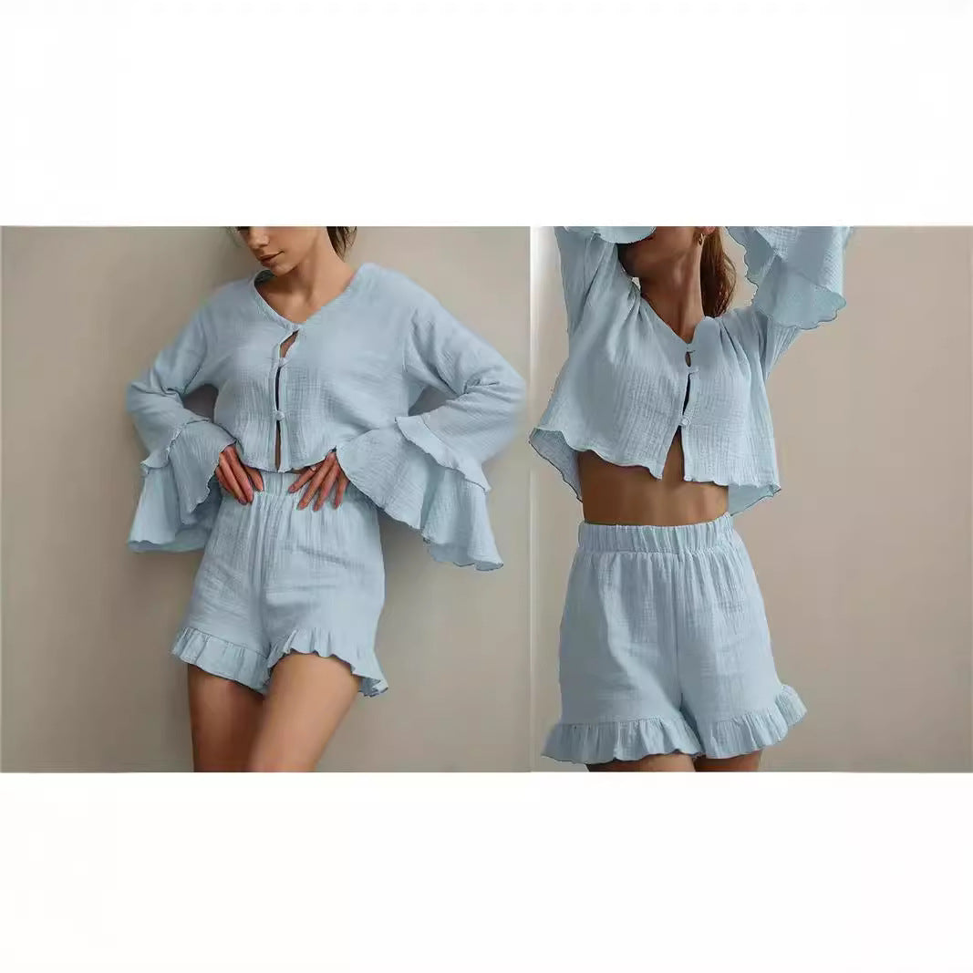 Damen Zweiteiliges Crinkle-Lounge-Set mit Volant-Shorts und gestuften Trompetenärmeln Drune