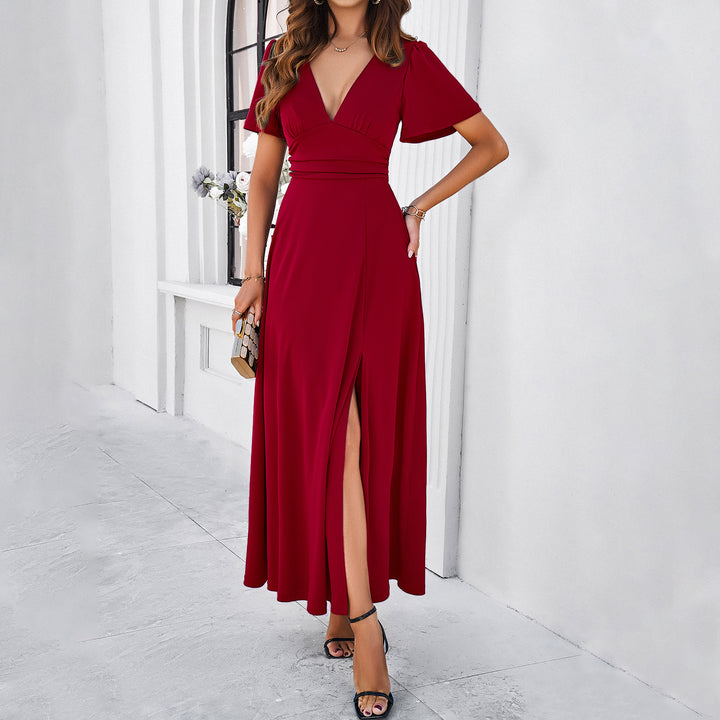 Damen Maxikleid mit tiefem V-Ausschnitt und seitlichem Schlitz Drune