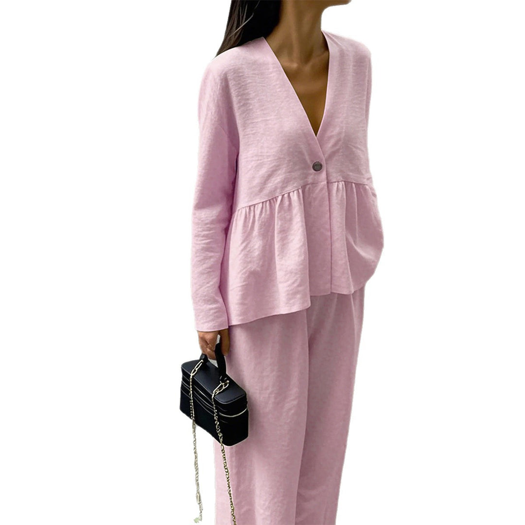 Damen nan legeres Leinenmix-Zweiteiler mit V-Ausschnitt Peplum-Bluse, Einknopfleiste und weitem Palazzo-Hosenbein Drune