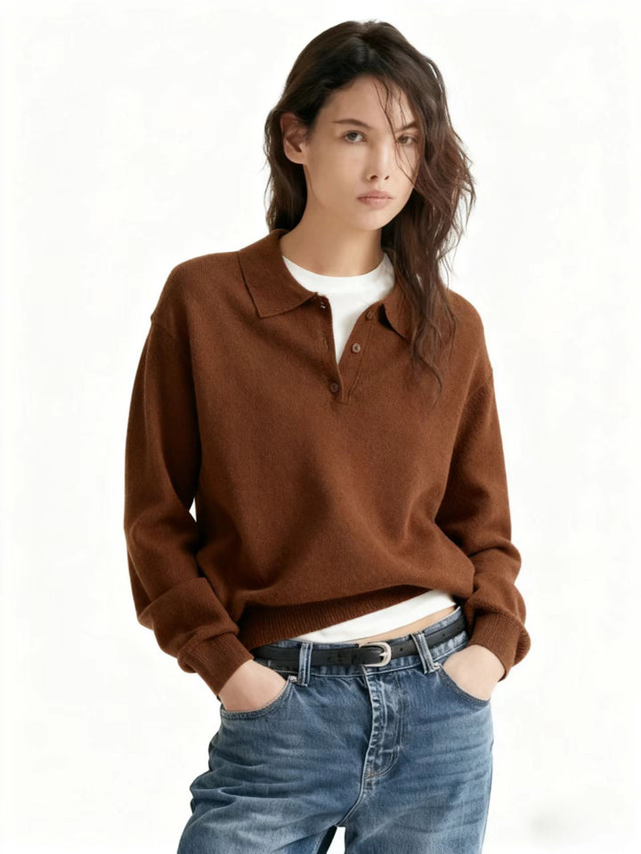 Damen Feinstrick-Polo-Sweater mit Knopfleiste und geripptem Saum Drune