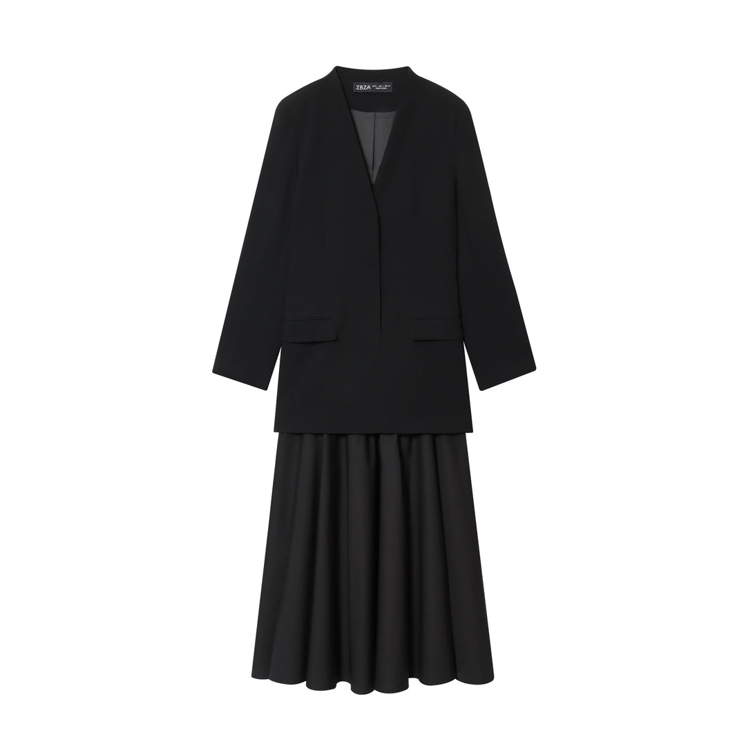 Damen nan kragenloser Longblazer mit offenem Vorderteil, Pattentaschen und leichtem Stretch Drune