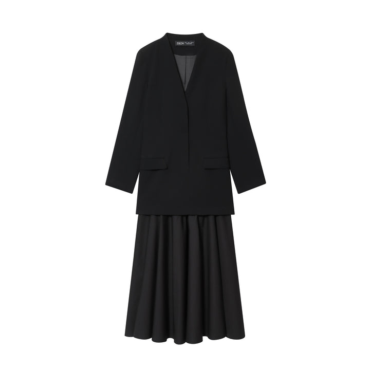 Damen nan kragenloser Longblazer mit offenem Vorderteil, Pattentaschen und leichtem Stretch Drune