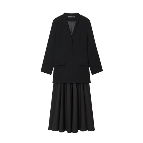 Damen nan kragenloser Longblazer mit offenem Vorderteil, Pattentaschen und leichtem Stretch Drune