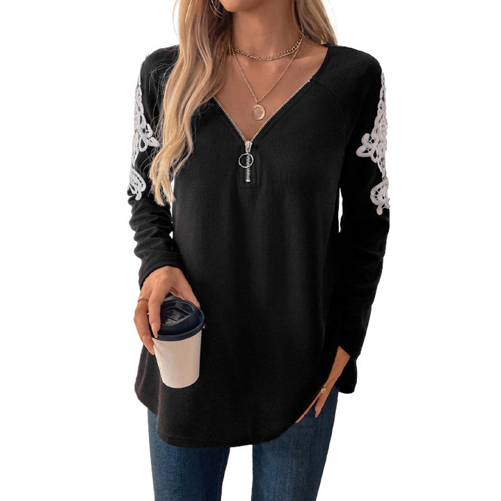 Damen Lässiges Longsleeve-Tunika-Shirt mit V‑Reißverschluss und Spitzenapplikation Drune