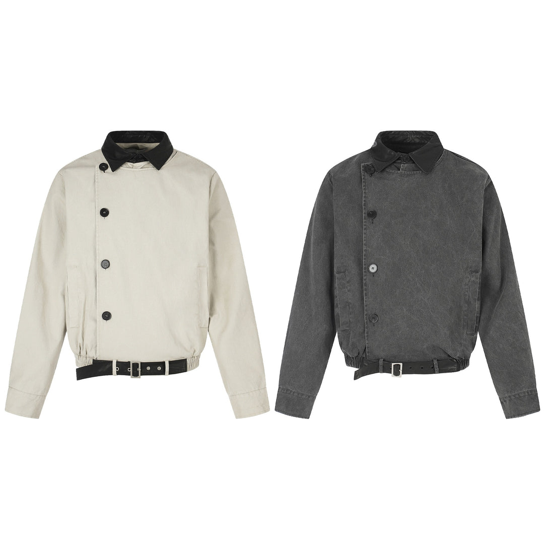 Herren Kurz geschnittener Boxy-Blouson mit asymmetrischer Knopfleiste, Taillengürtel und Kontrastkragen Drune