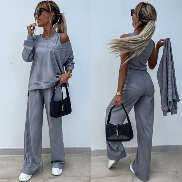 Damen lässiges Rippsweat-Lounge-Set mit Off-Shoulder-Sweatshirt und weit geschnittener High-Waist-Hose Drune
