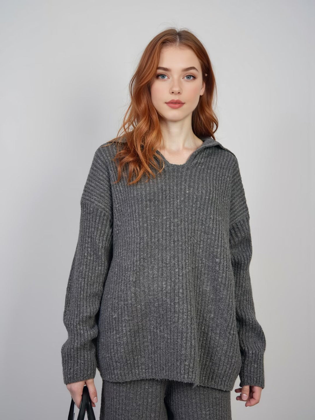 Damen Gerippter Strickzweiteiler mit weitem V-Ausschnitt, langem Schal und Palazzo-Hose Drune