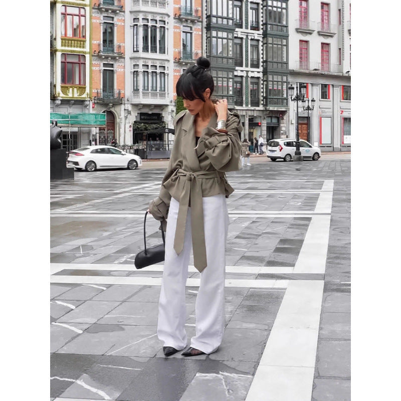 Damen Oversize Trenchjacke im Cropped-Schnitt mit Bindegürtel, überschnittenen Schultern und Ballonärmeln Drune