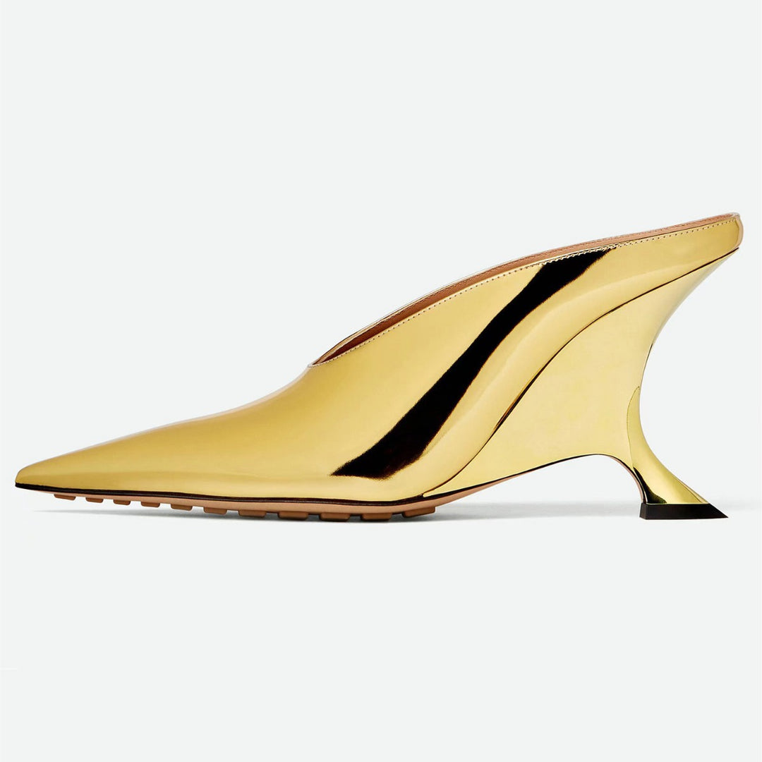 Damen Spitzzehen Metallic Wedge Mules mit skulpturiertem Absatz Drune