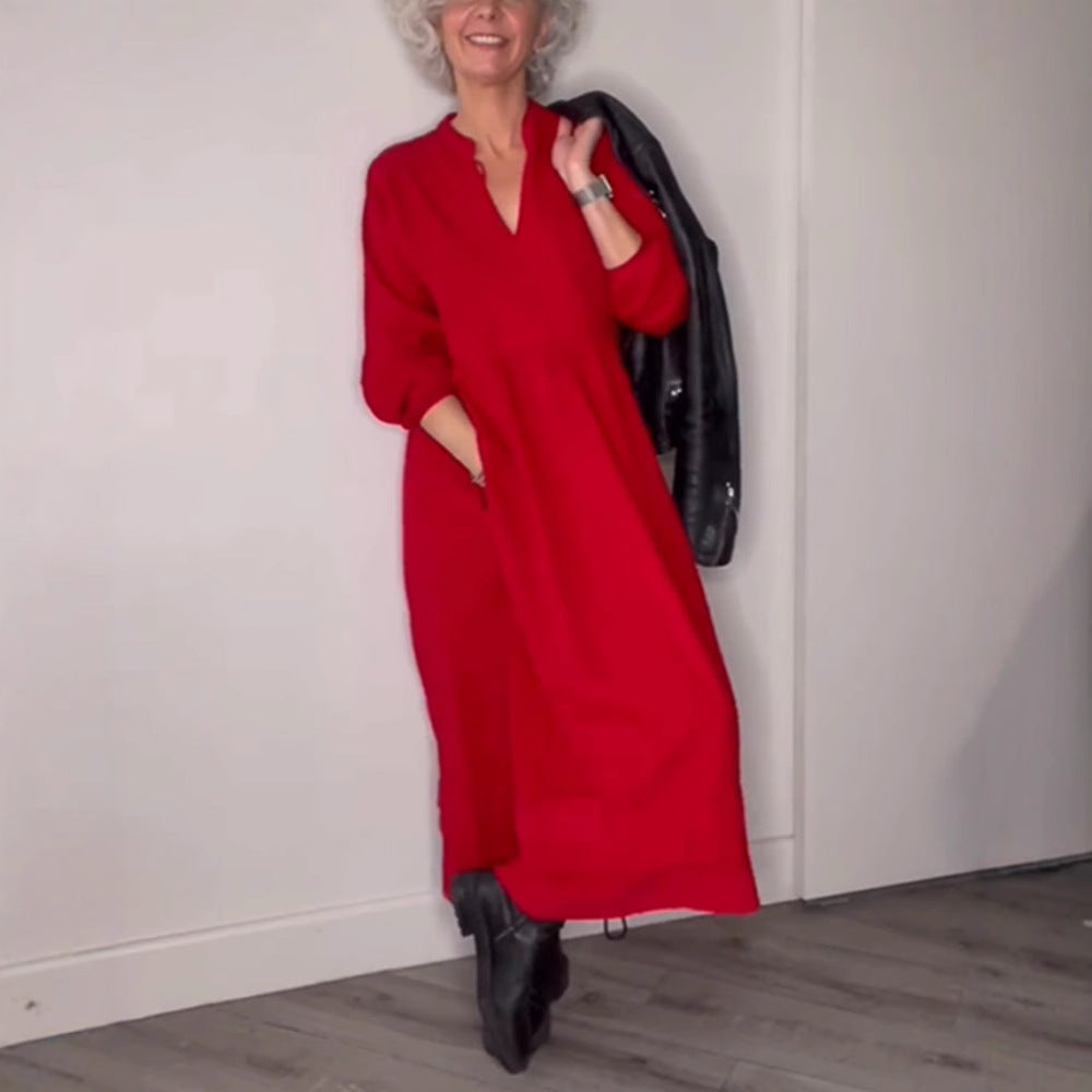 Damen Freizeit Viskose Maxi Kleid mit V-Ausschnitt, Taillennaht und Ballonärmeln Drune