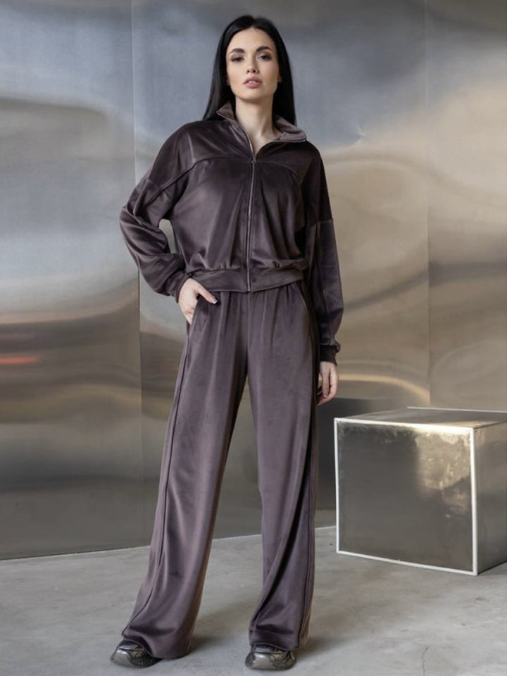 Damen ausgestelltes Velours-Jogginganzug-Set mit kurzer Reißverschlussjacke und hochtaillierter Kordelhose Drune
