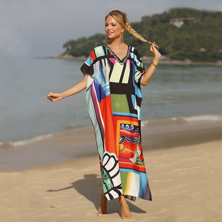 Damen Strandkaftan mit buntem grafischem Design und eleganten Akzenten Drune