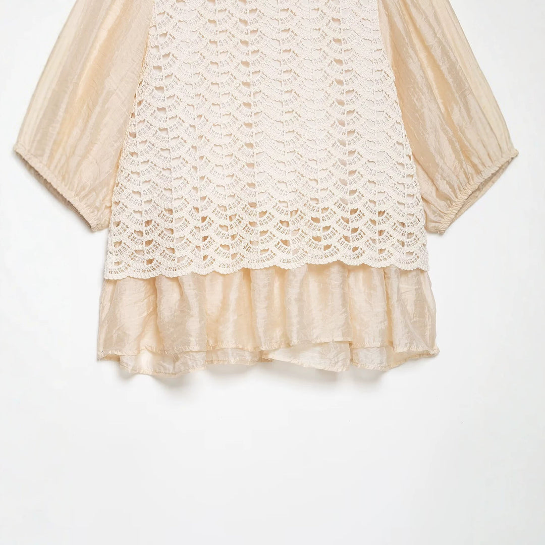Damen Häkel-Overlay-Bluse mit Volant-Underlayer und Puffärmeln Drune