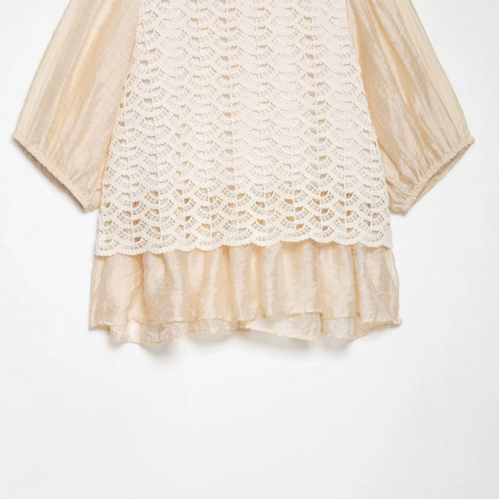 Damen Häkel-Overlay-Bluse mit Volant-Underlayer und Puffärmeln Drune