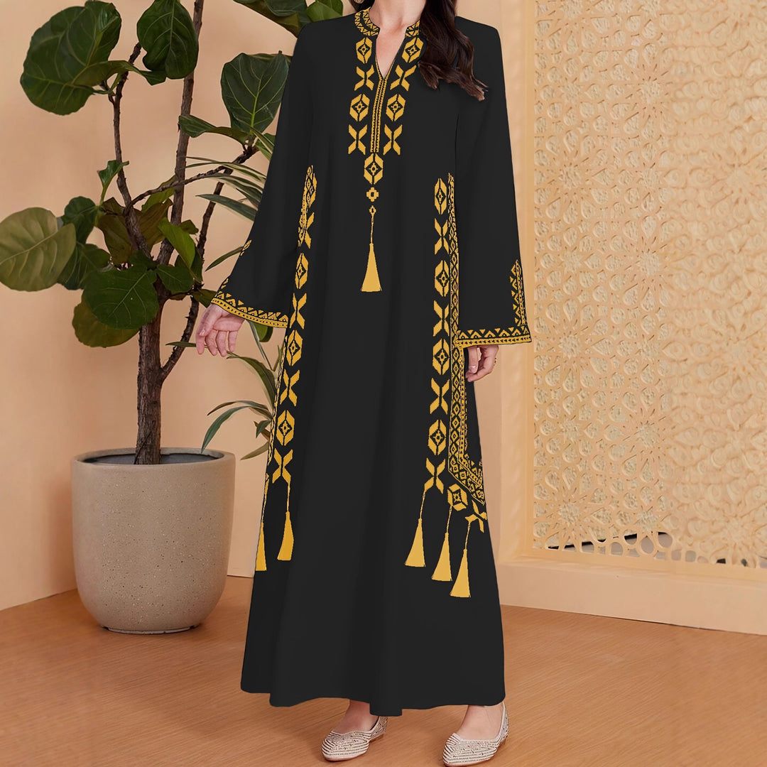 Damen Kaftan-Kleid mit kunstvollem besticktem Design und elegantem V-Ausschnitt Drune