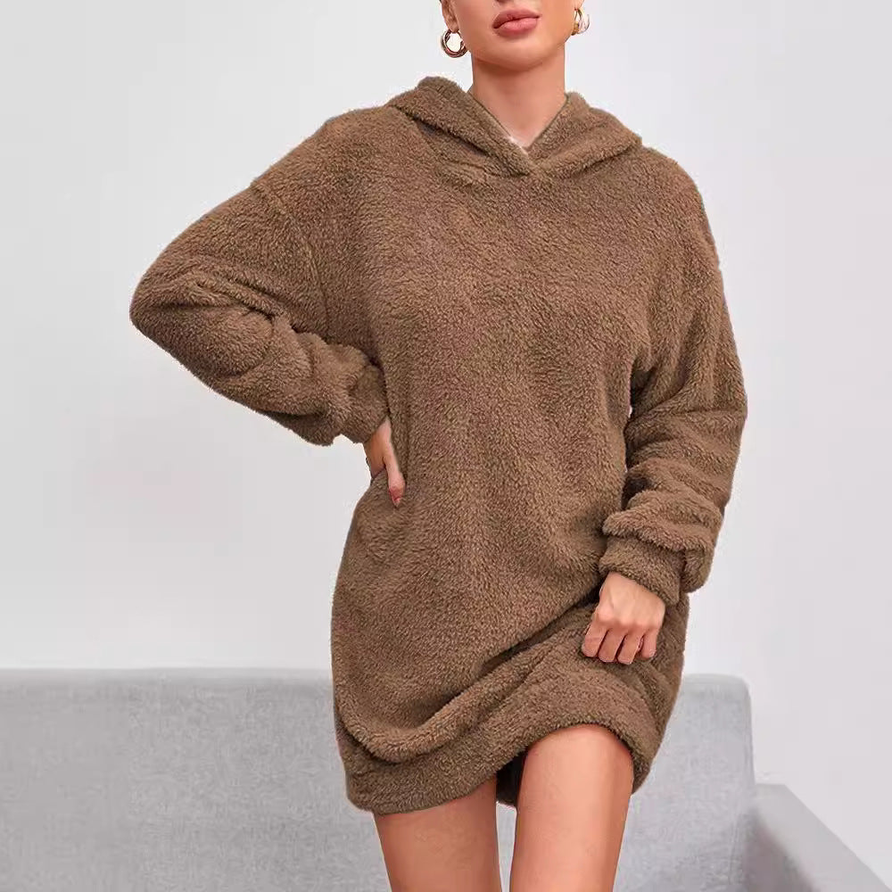 Damen Flauschiger Hoodie-Kleid mit Kapuze und praktischen Taschen Drune