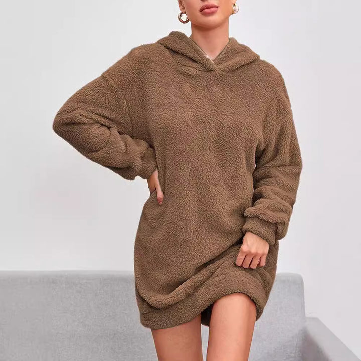 Damen Flauschiger Hoodie-Kleid mit Kapuze und praktischen Taschen Drune