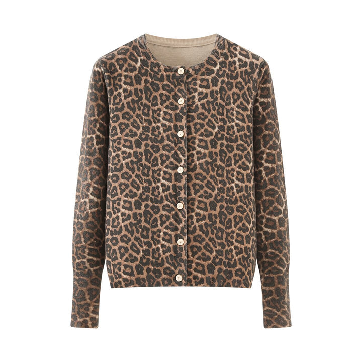 Damen Feinstrick-Cardigan mit Leoprint, Rundhals und durchgehender Knopfleiste Drune