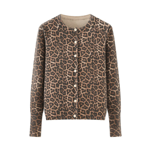 Damen Feinstrick-Cardigan mit Leoprint, Rundhals und durchgehender Knopfleiste Drune