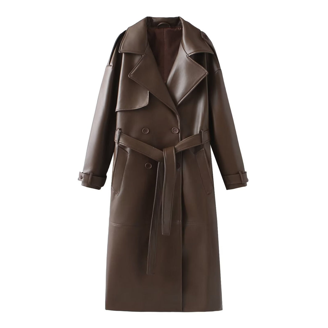 Damen Kunstleder-Trenchcoat mit modischem Schnitt und praktischen Taschen Drune