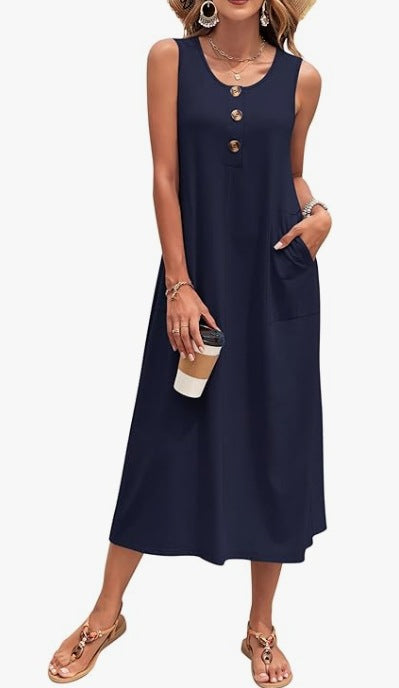 Damen Lässiges Midikleid mit Taschen und Knopfdetails Drune