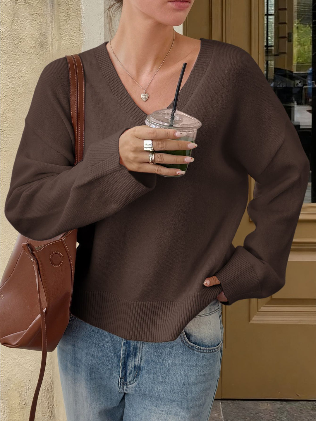 Damen nan oversized V-Ausschnitt Feinstrickpullover mit überschnittener Schulter, langen Kimonärmeln und breitem Rippbund Drune