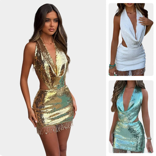 Damen Glitzerndes Minikleid mit tiefem V-Ausschnitt und seitlichem Cut-Out Drune
