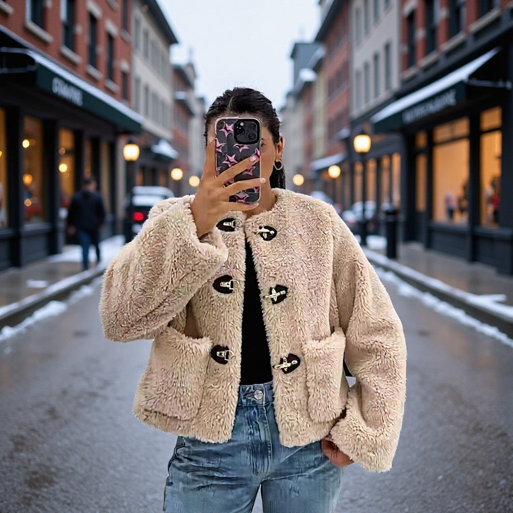 Damen Kurz geschnittene Teddyjacke mit Knebelverschlüssen und aufgesetzten Taschen Drune