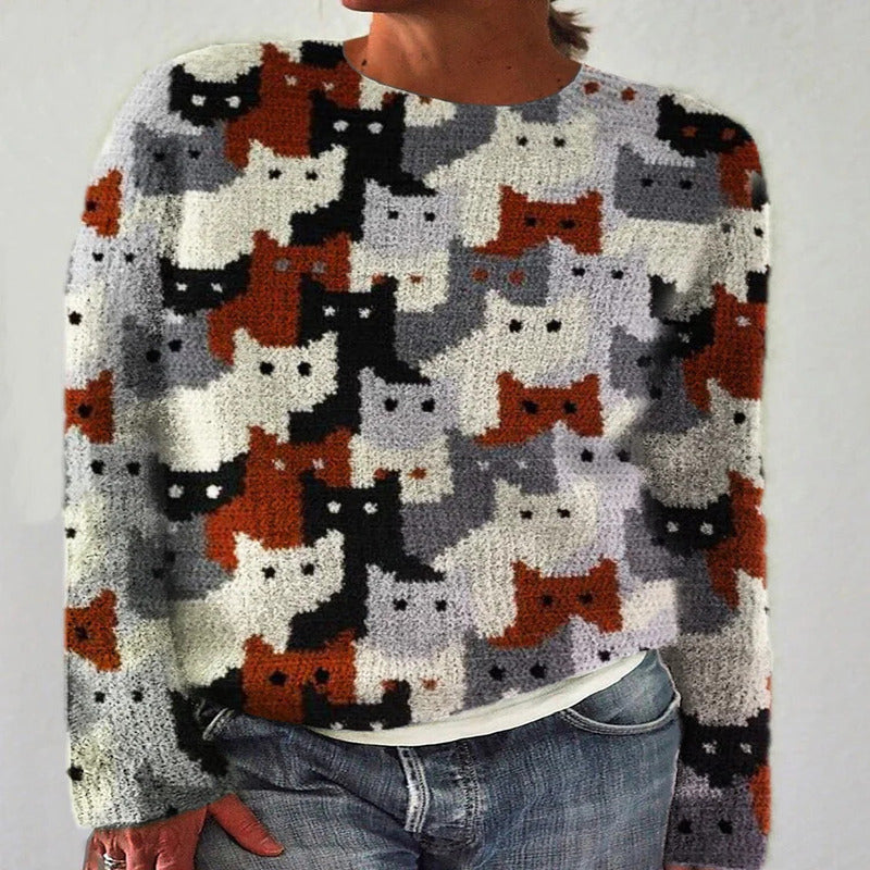 Damen Strickpullover mit verspieltem Katzenmuster Drune