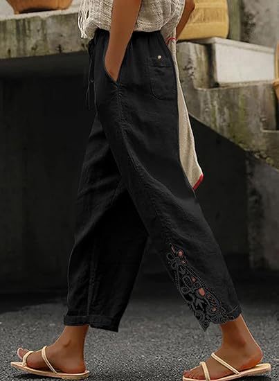 Damen luftige Leinenhose mit dekorativen Stickereien Drune