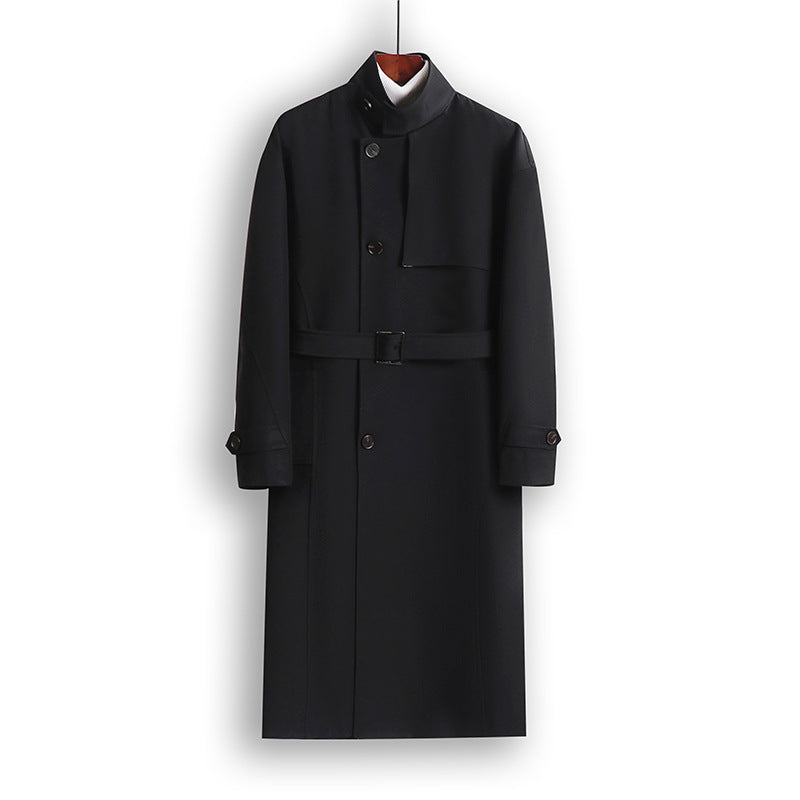 Herren Langgeschnittener Minimalistischer Trenchcoat mit Schalkragen und verstellbaren Ärmelriemen Drune
