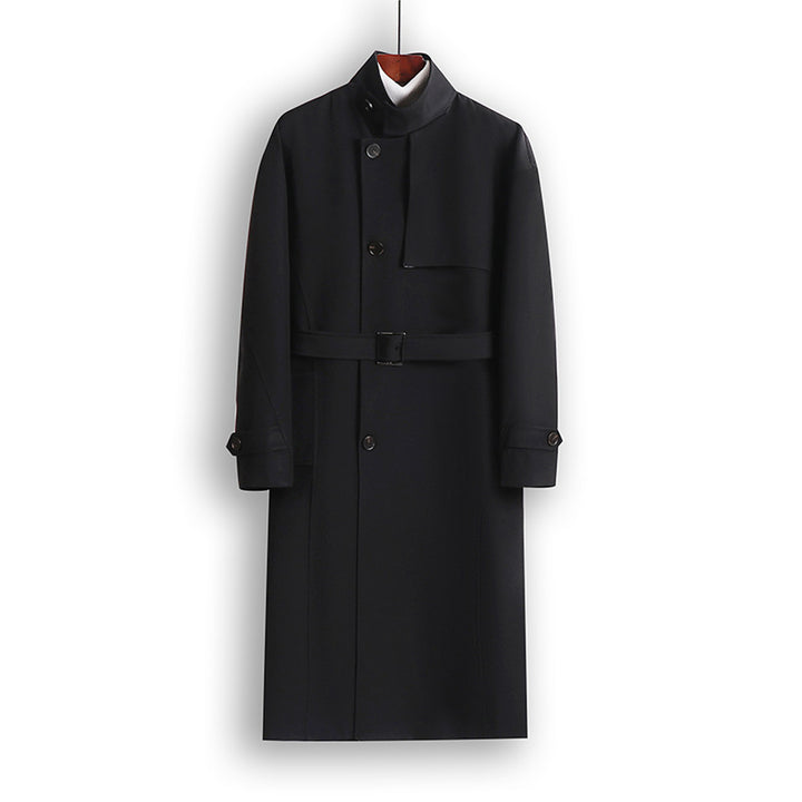 Herren Langgeschnittener Minimalistischer Trenchcoat mit Schalkragen und verstellbaren Ärmelriemen Drune