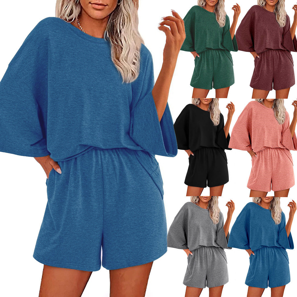 Damen Oversized Fledermaus Kurzarm Lounge Oberteil und Shorts Set mit Elastischem Bund Drune