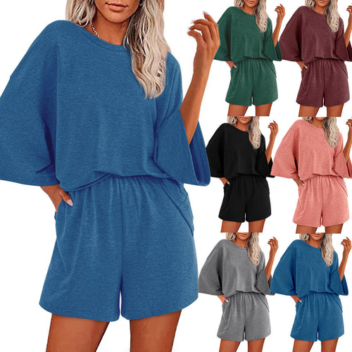 Damen Oversized Fledermaus Kurzarm Lounge Oberteil und Shorts Set mit Elastischem Bund Drune