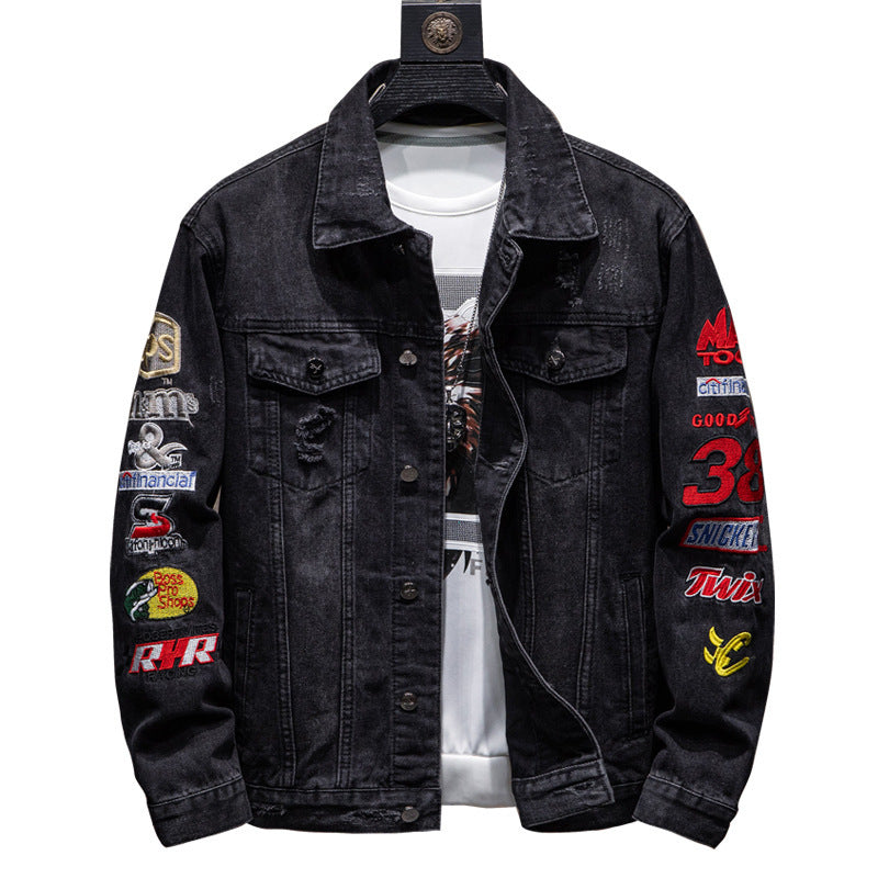Herren Modische Jeansjacke mit Logostickerei Drune
