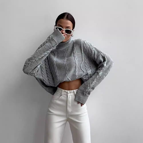 Damen Grobstrick-Rollkragenpullover mit Zopfstrick-Details Drune