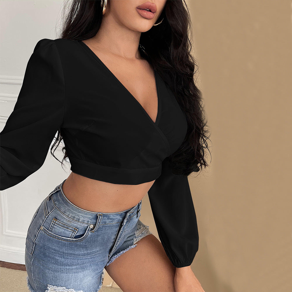 Damen cropped Oberteil mit tiefem V-Ausschnitt und eleganten Puffärmeln Drune